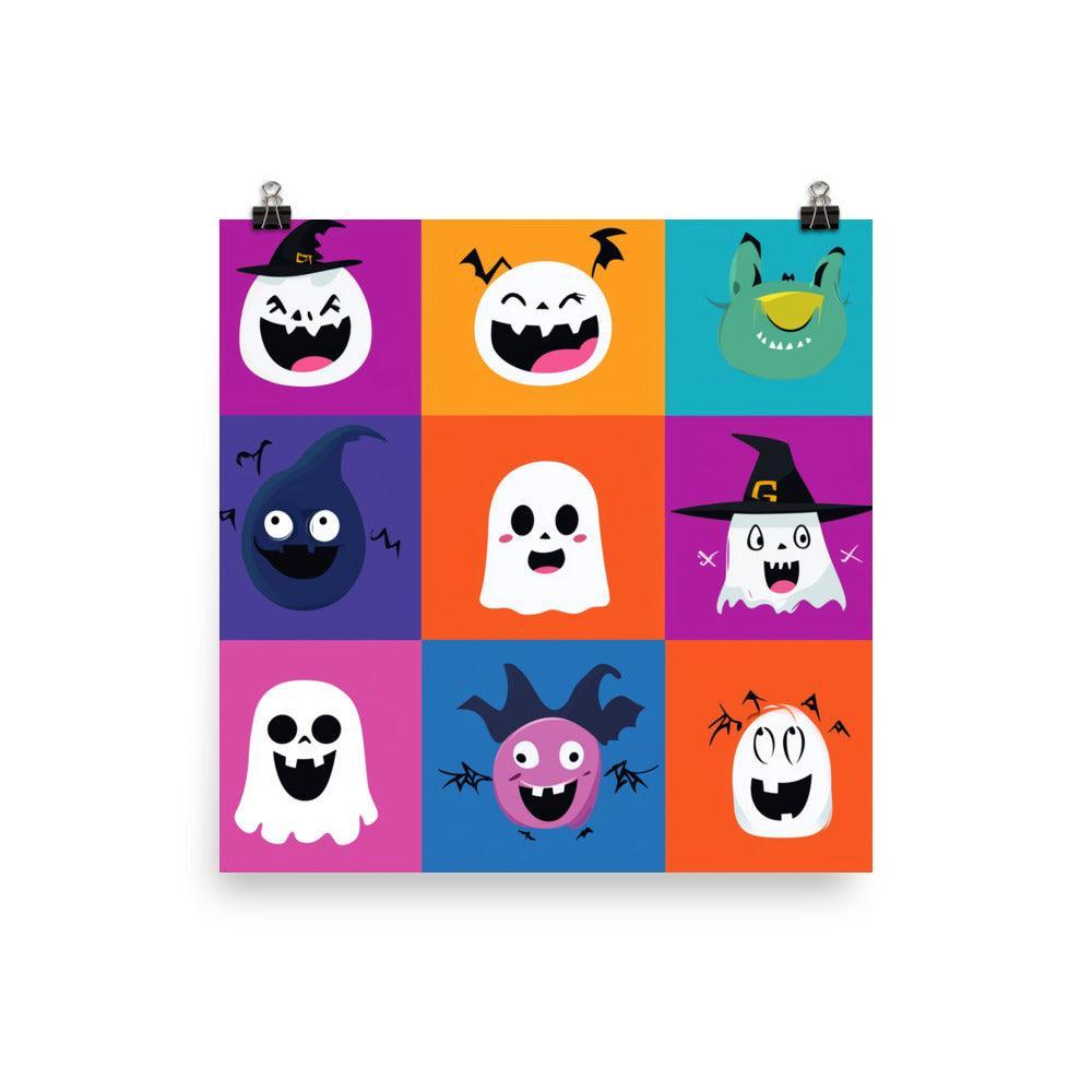 Halloween Cartoon Character Faces with Colorful Backgrounds Poster - Oh Posters