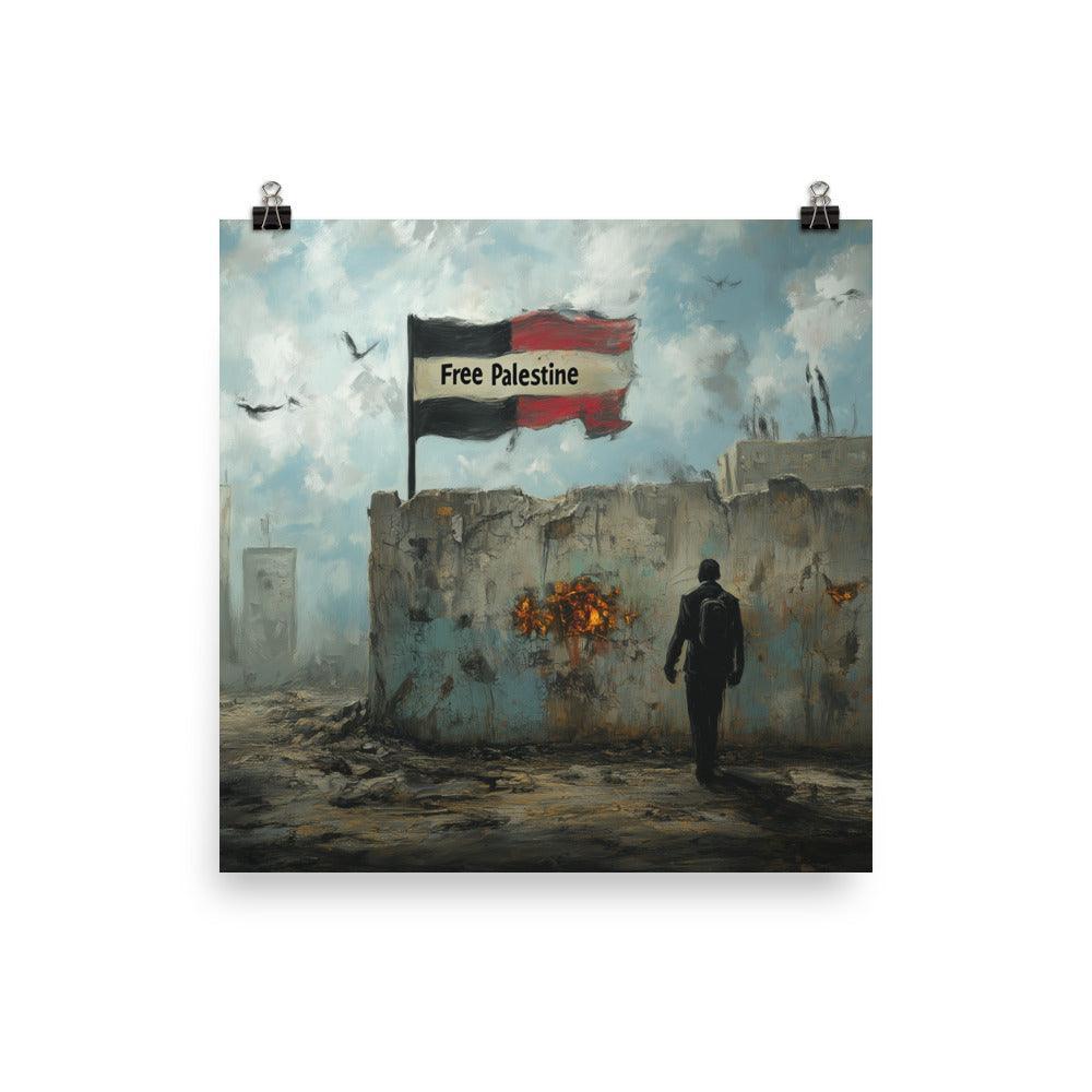 Free Palestine Flag in War-Torn Cityscape Poster - Oh Posters