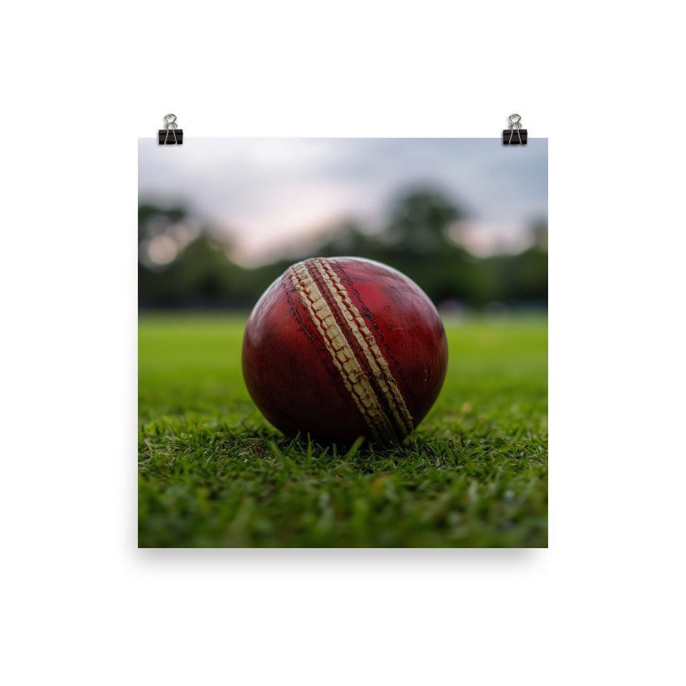 Close-Up Cricket Ball on Green Grass Field Poster - Oh Posters