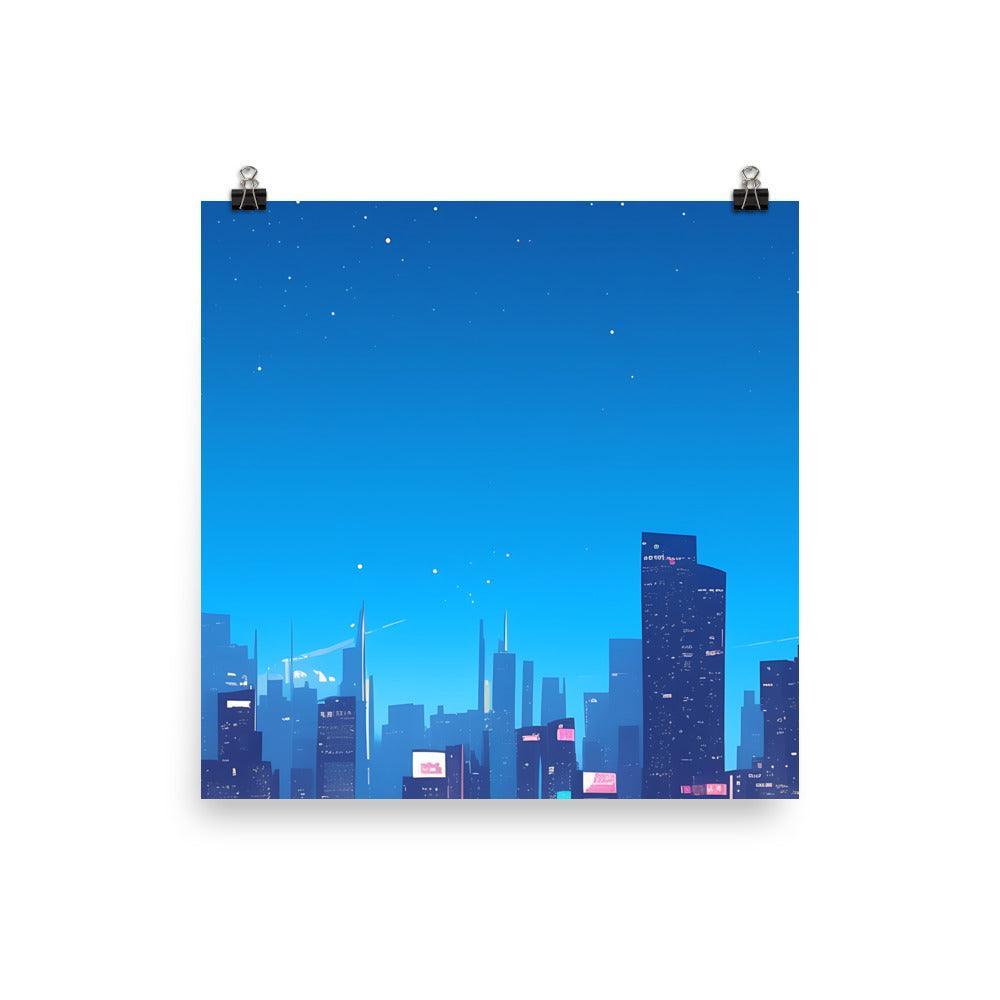 Bright City Skyline with Stars and Reflections Clean Digital Illustration Poster - Oh Posters