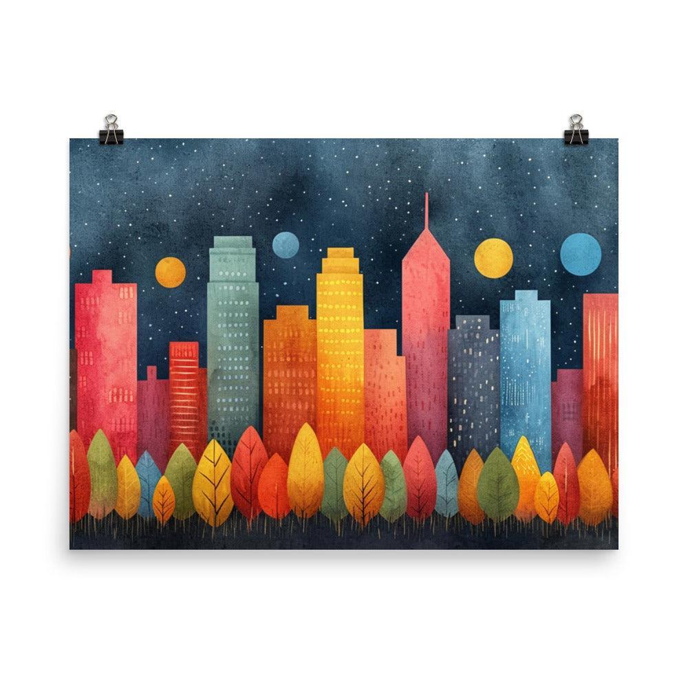 Colorful City Skyline with Night Sky Drawing Style Poster - Oh Posters