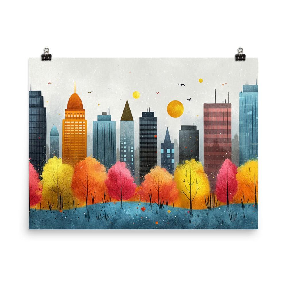 Colorful City Skyline with Cloudy Sky Drawing Style Poster - Oh Posters