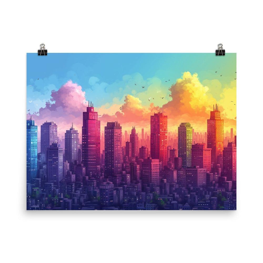 Colorful Mega City Skyline with Sunrise Sky Drawing Style Poster - Oh Posters