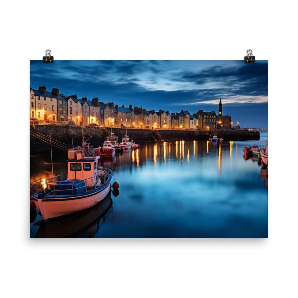 Dusk at Aberdeen Harbor Serene Scottish Waterfront and Boats Poster - Oh Posters