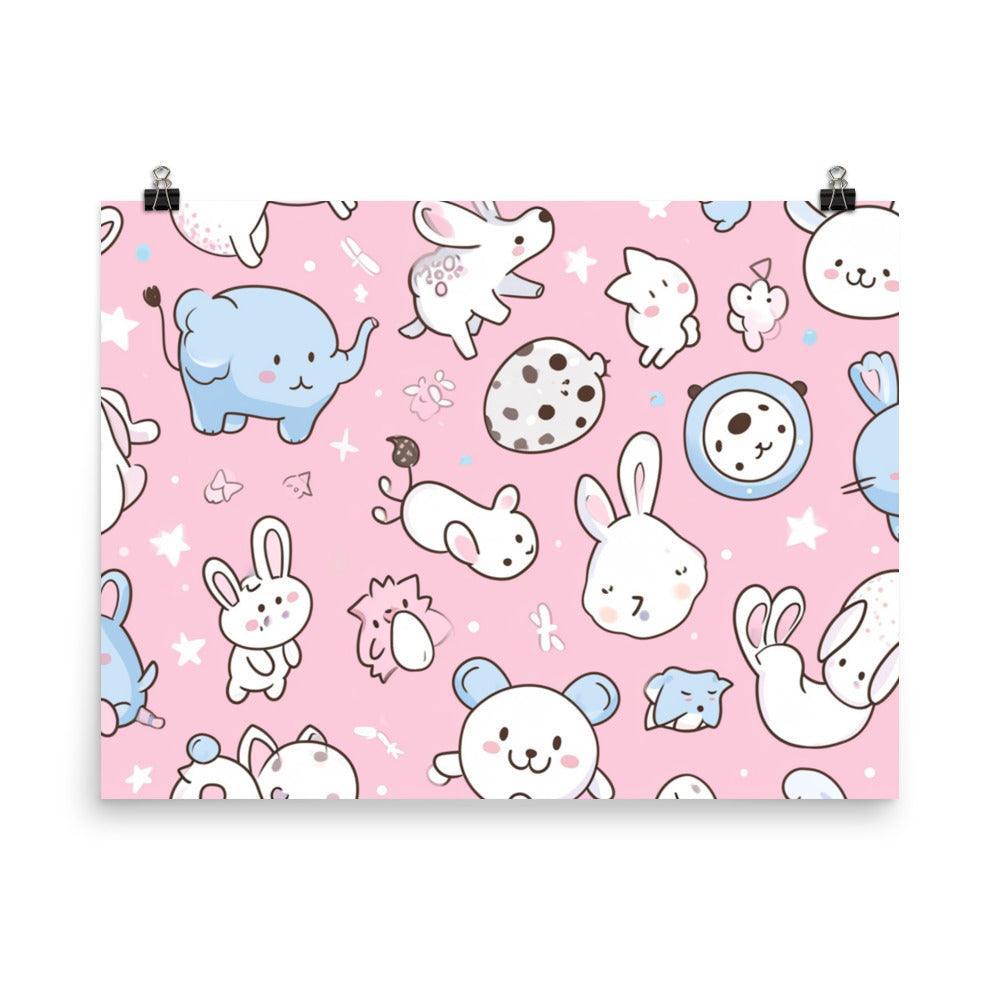 Kawaii Animals Characters Pattern on Pink Background Poster - Oh Posters