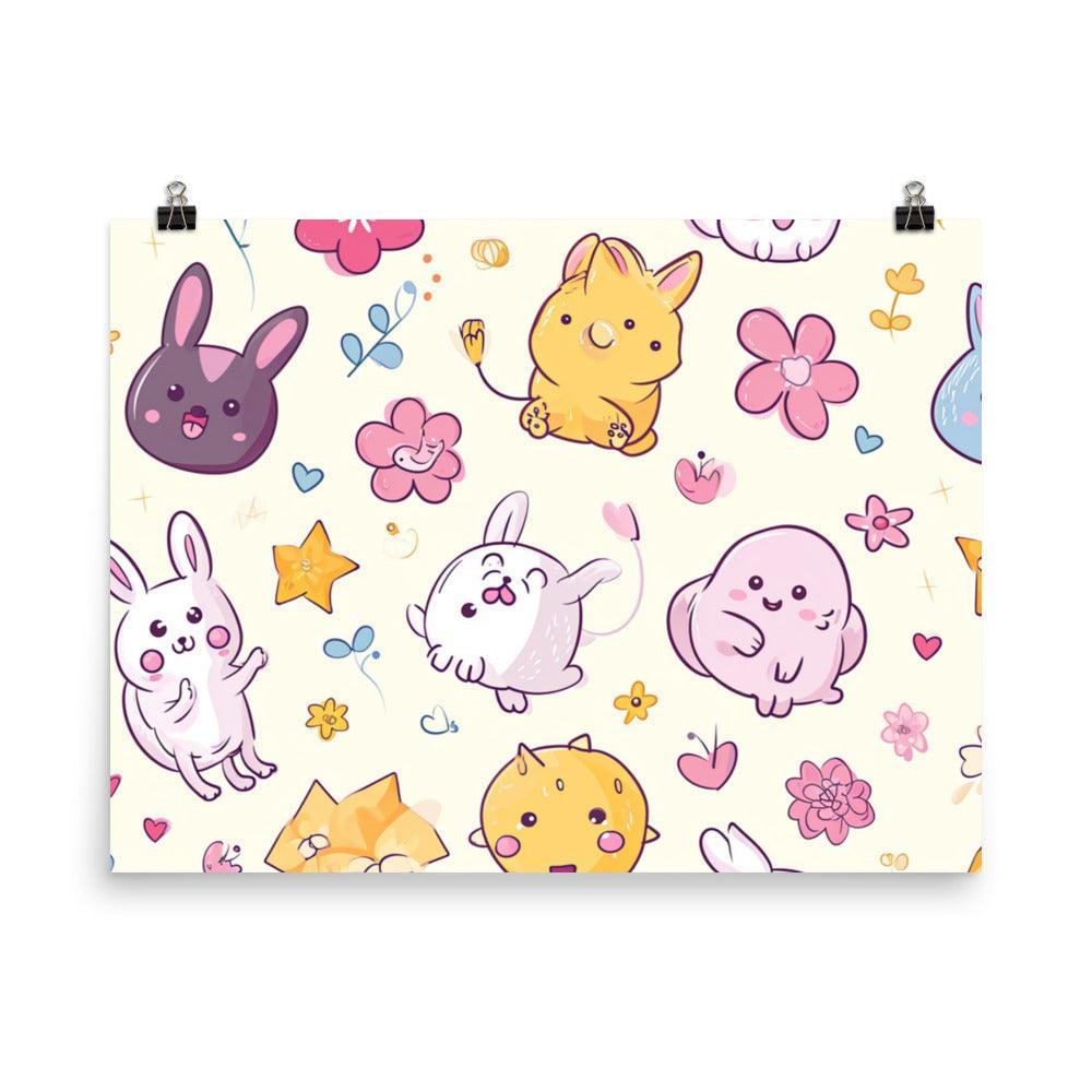 Kawaii Abstract Animals and Flowers on Pastel Wonderland Poster - Oh Posters