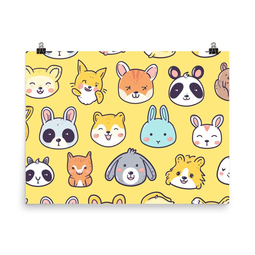 Kawaii Animal Faces Cute and Colorful Collection on Yellow Poster - Oh Posters