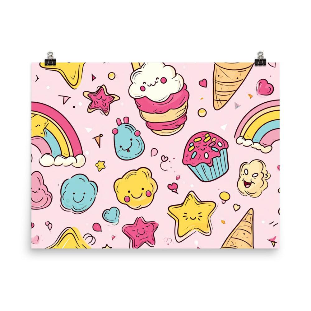 Kawaii Sweet Treats and Rainbows Pattern Cute Illustration on Pink Poster - Oh Posters