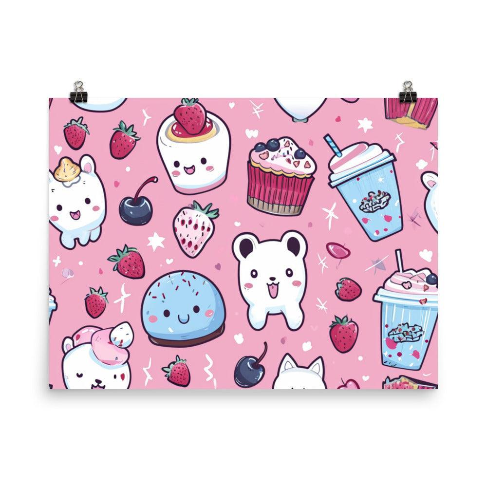 Kawaii Desserts and Beverages Adorable Characters Pattern on Pink Poster - Oh Posters