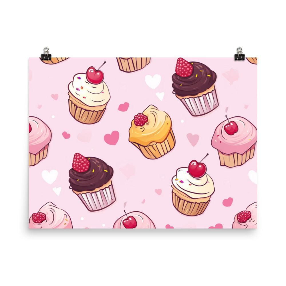 Kawaii Cute Cupcakes with Hearts Pattern on Pink Poster - Oh Posters