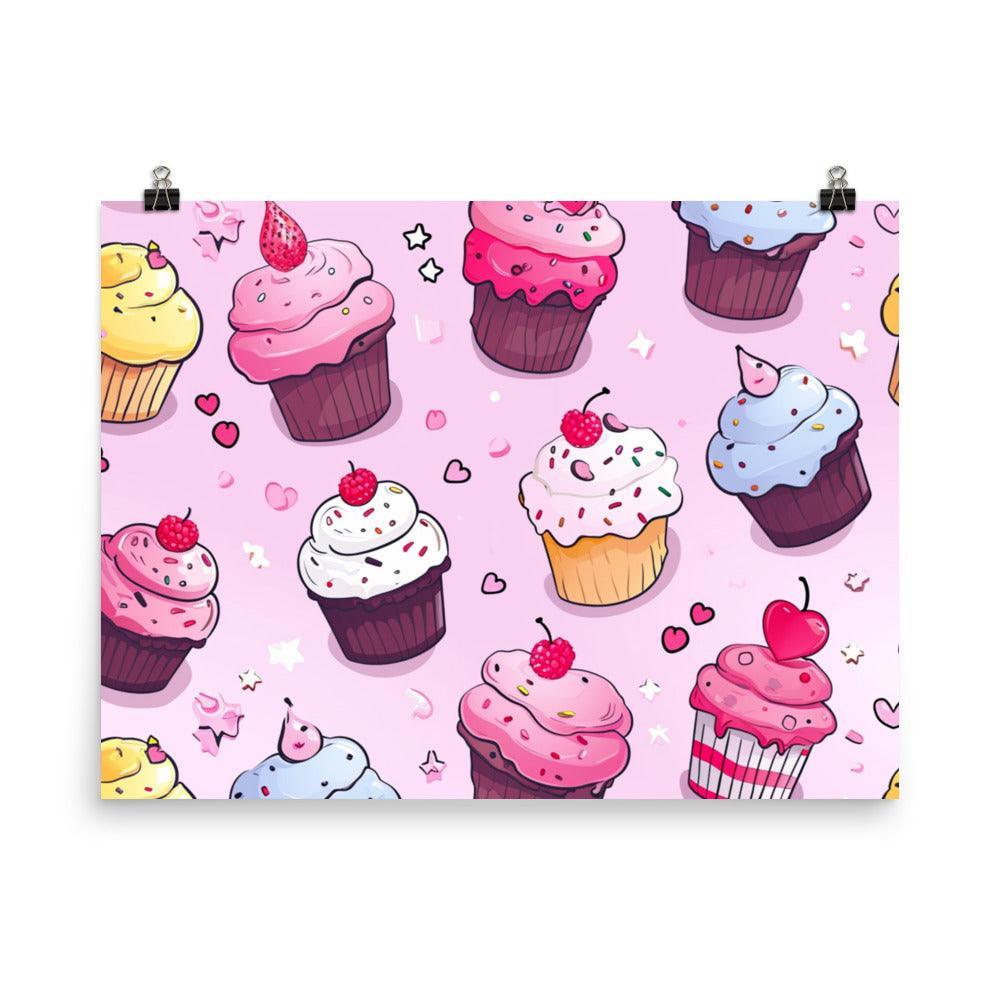 Delightful Kawaii Cupcakes with Sprinkles and Hearts Pattern on Pink Poster - Oh Posters