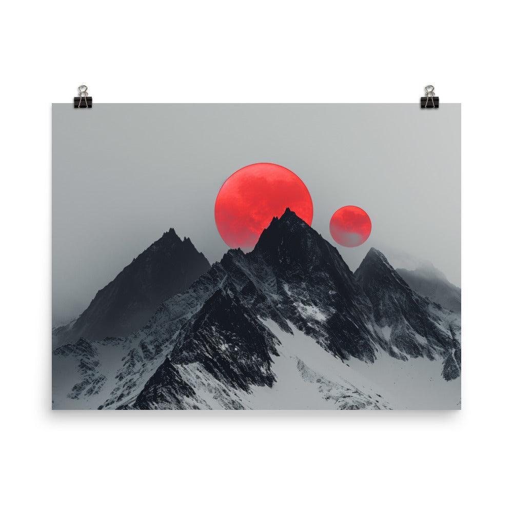 Extraterrestrial Red Moons Over Snowy Mountains Surreal Art Poster - Oh Posters