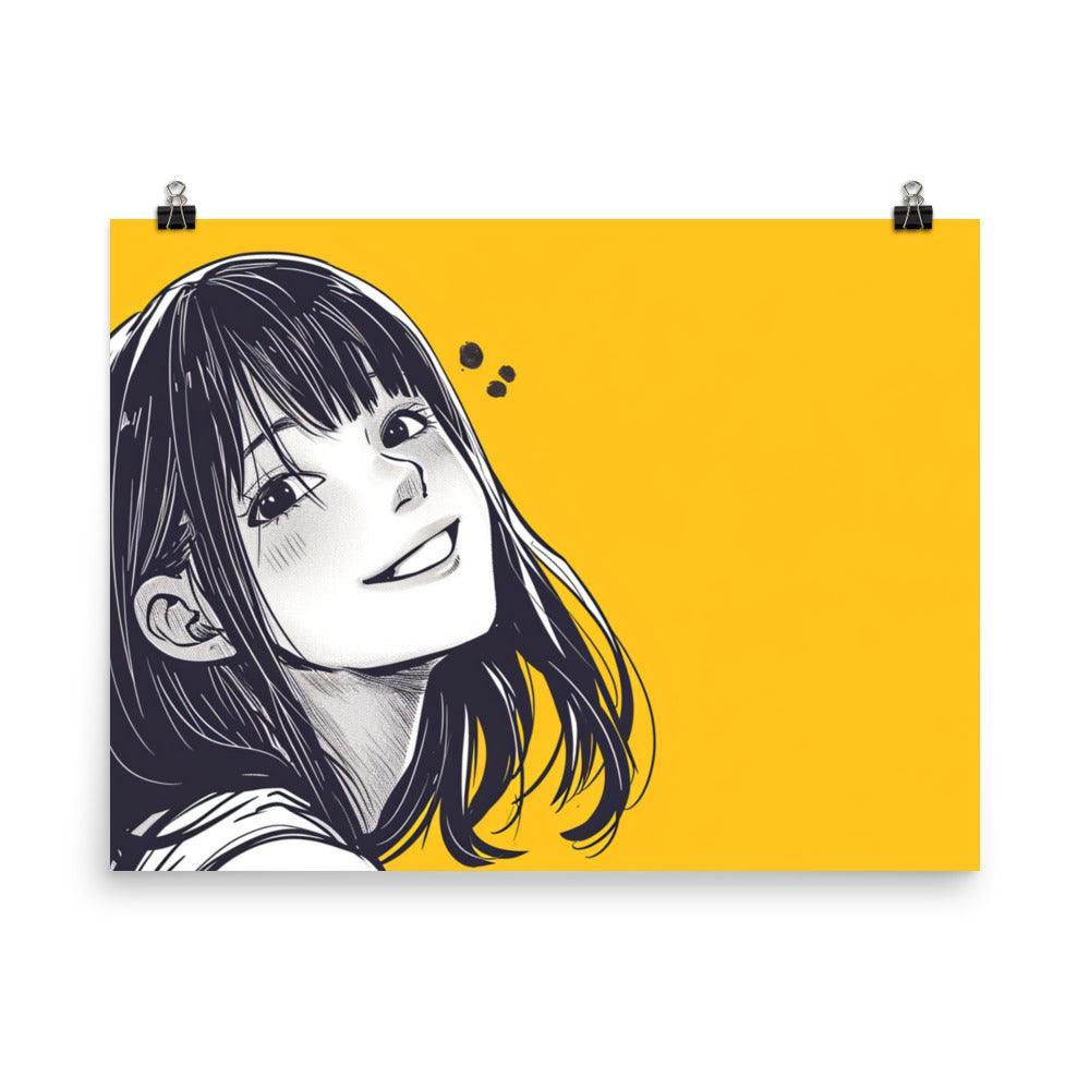 Cheerful Manga Girl Monochrome Portrait Yellow Background Poster - Oh Posters