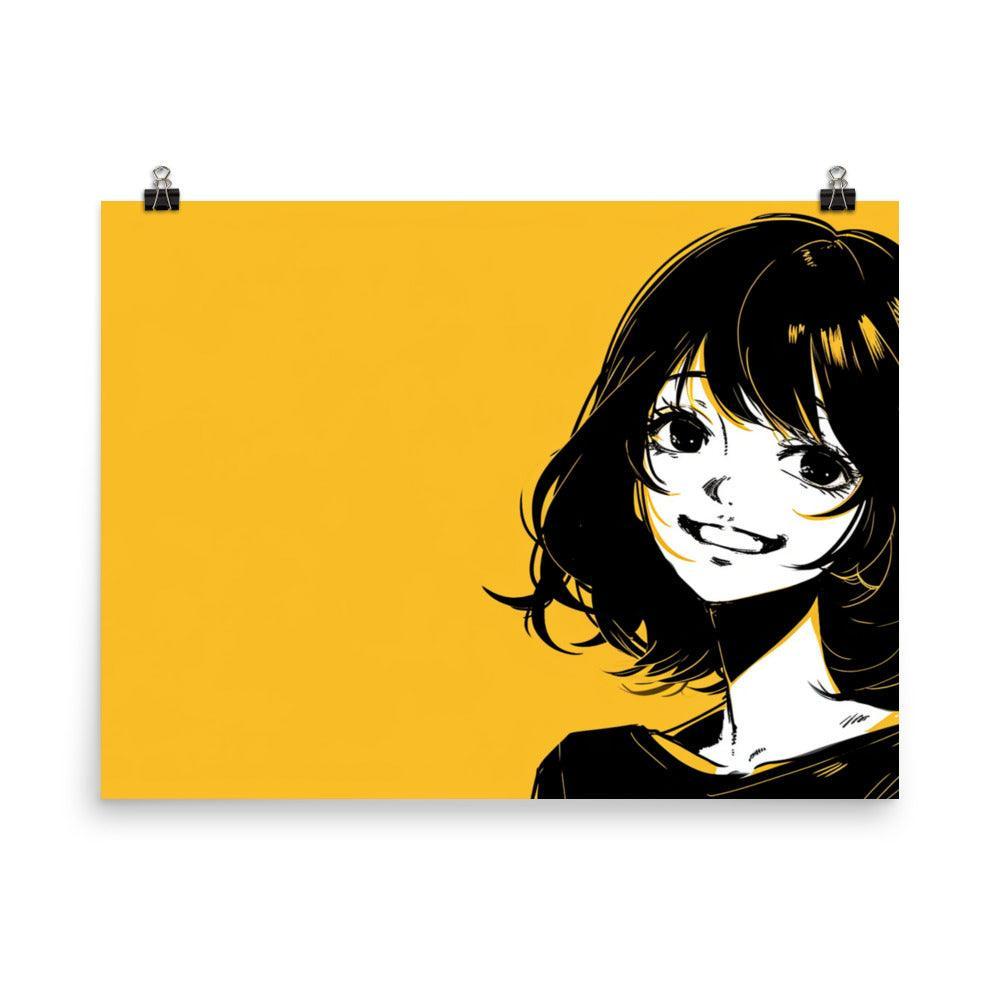 Japanese Manga Style Girl with Bob Cut Smiling Yellow Background Poster - Oh Posters