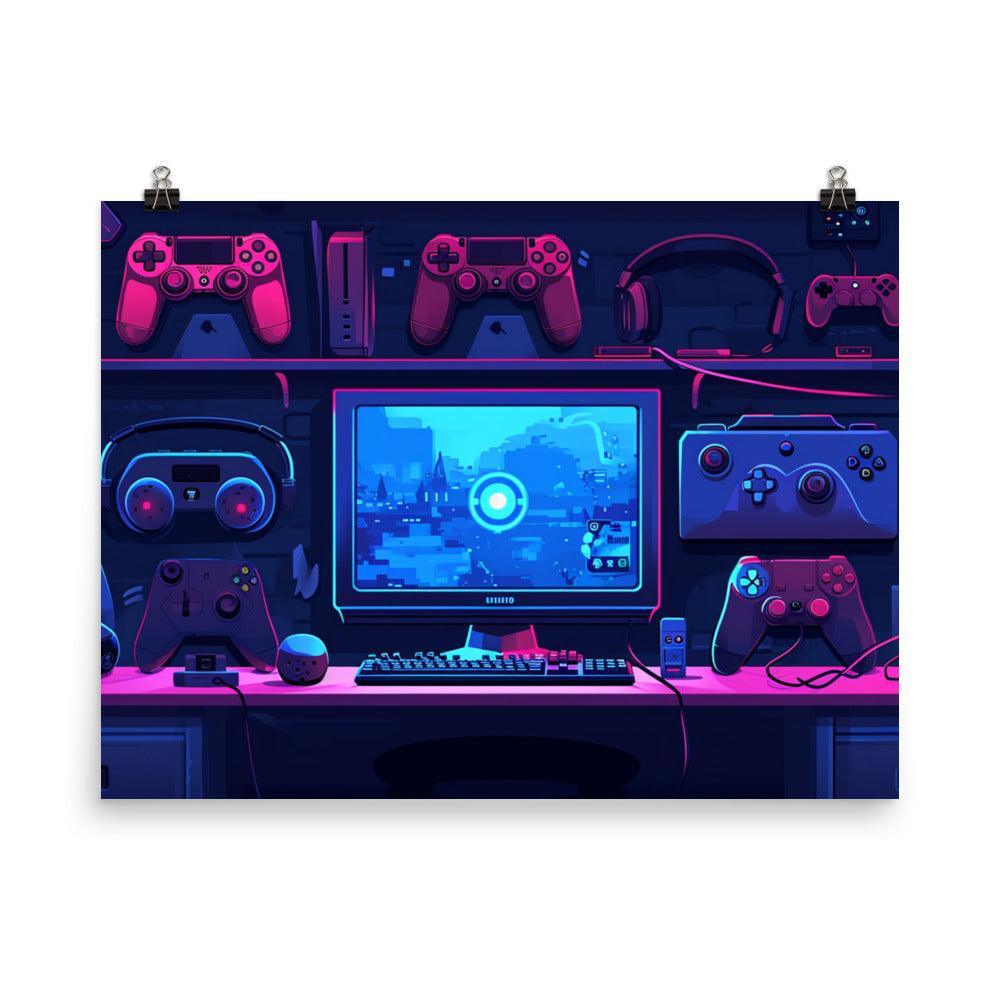 Gaming Setup Neon Glow Digital Art Poster - Oh Posters