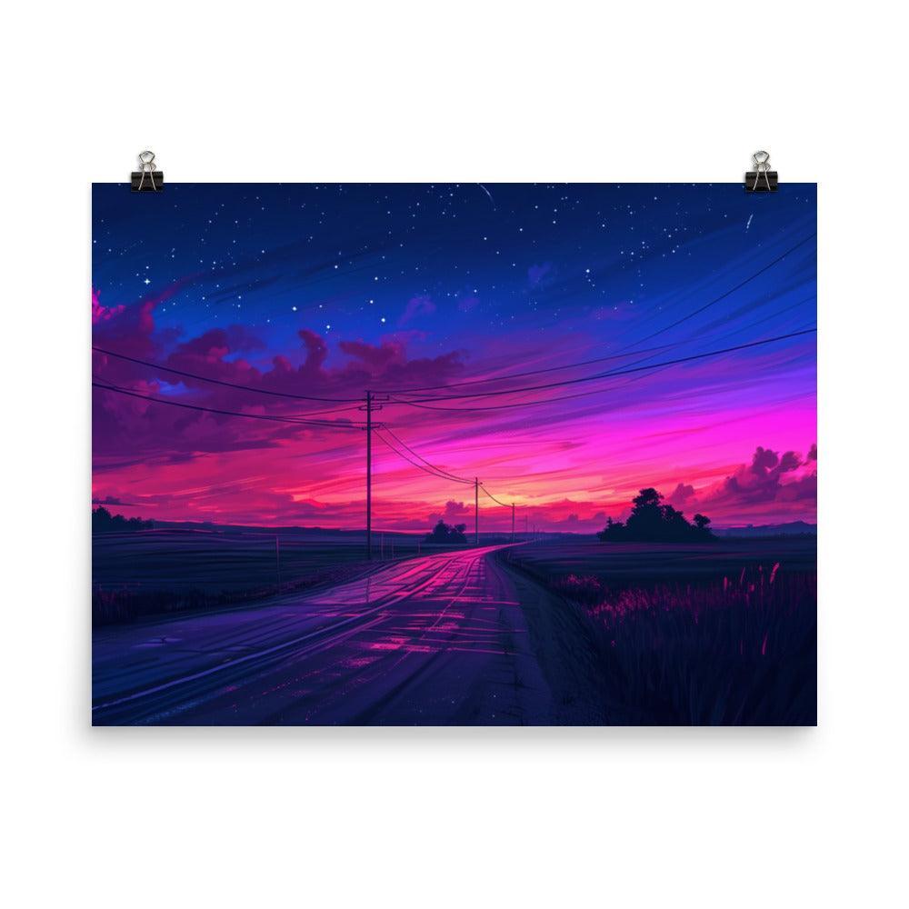 Dusk Road with Electricity Poles Vivid Digital Poster - Oh Posters