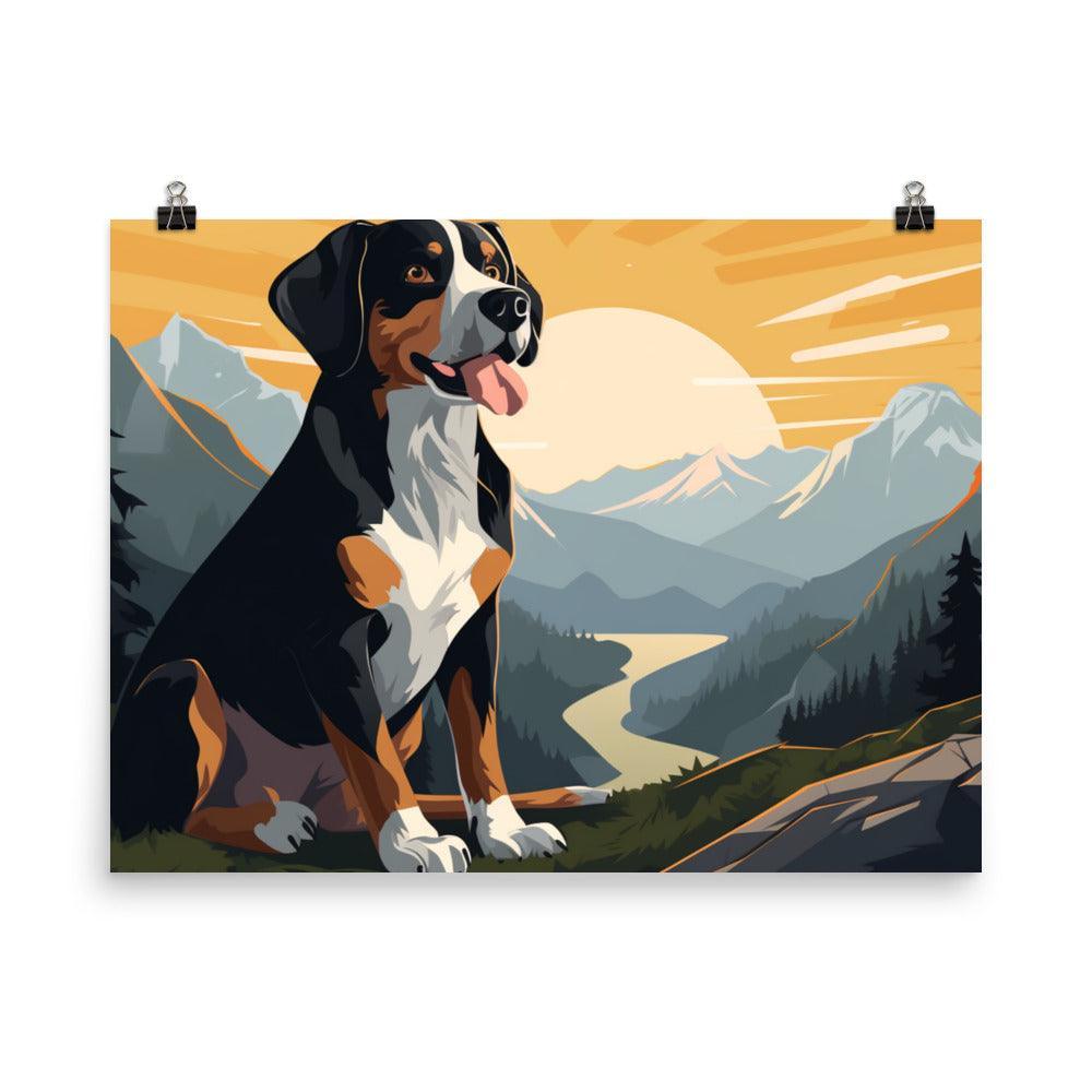 Entlebucher Mountain Dog Sunset Cartoon Scenery Poster - Oh Posters