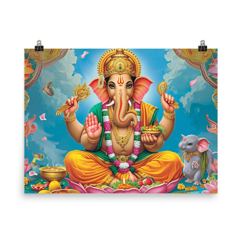 Ganesha Serene Deity with Mouse and Marigolds Poster - Oh Posters