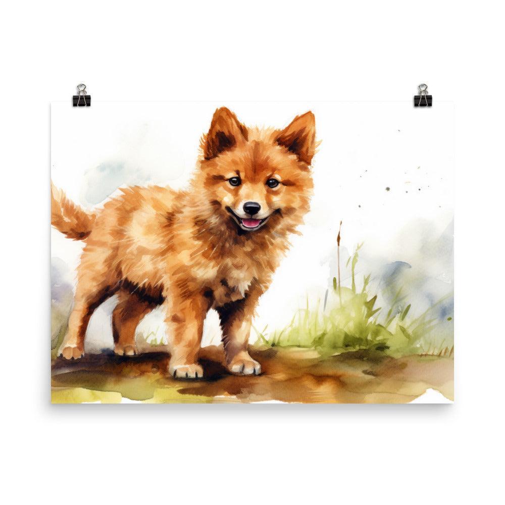 Finnish Spitz Puppy Playful Watercolor Art Poster - Oh Posters