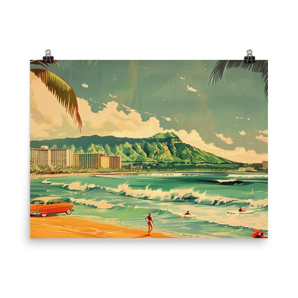 Classic Surfing Waikiki Retro Car Beach Scene Poster - Oh Posters