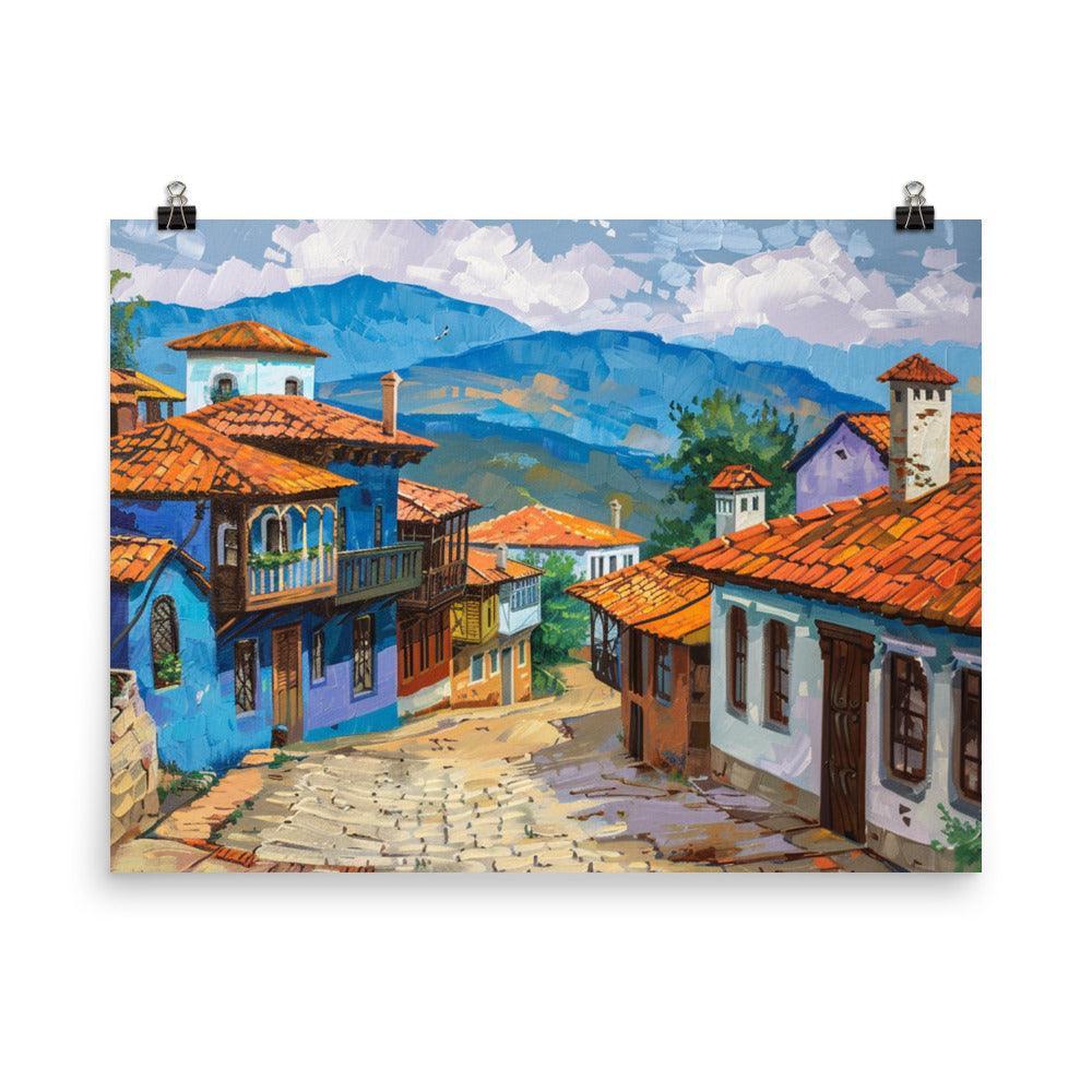 Bulgarian Village Blue Houses Oil Painting Poster - Oh Posters