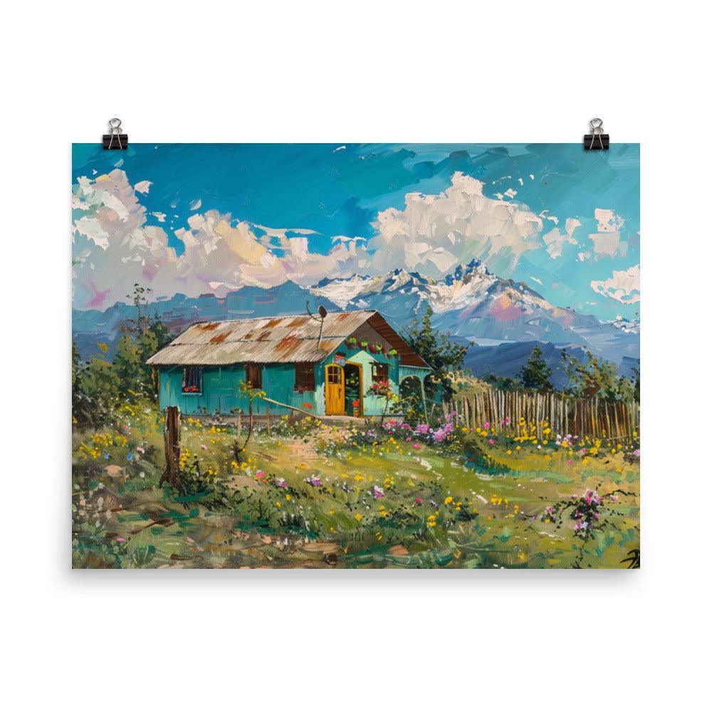 Chile Scenic Mountain Landscape with Colorful Cabin Oil Painting Poster - Oh Posters