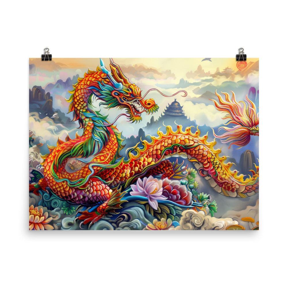 China Vibrant Dragon and Floral Fantasy Art Poster - Oh Posters