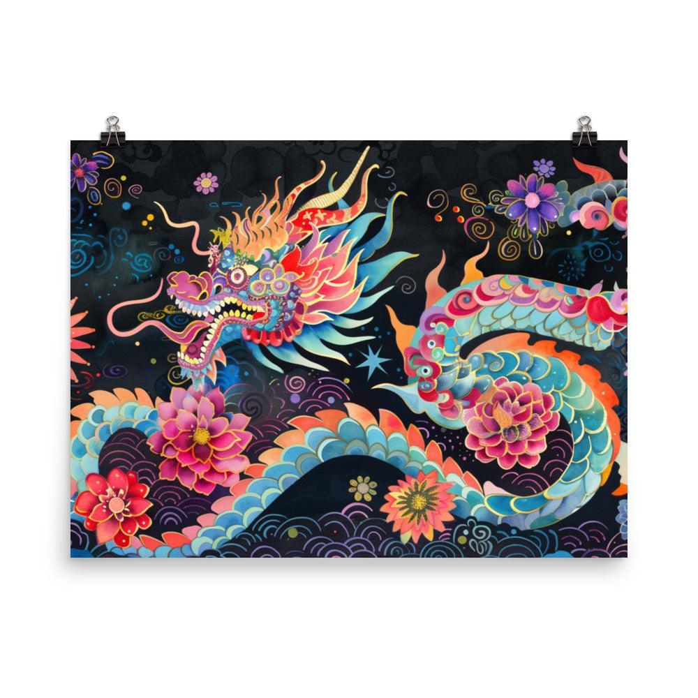 China Mythical Dragon and Night Blossoms Poster - Oh Posters