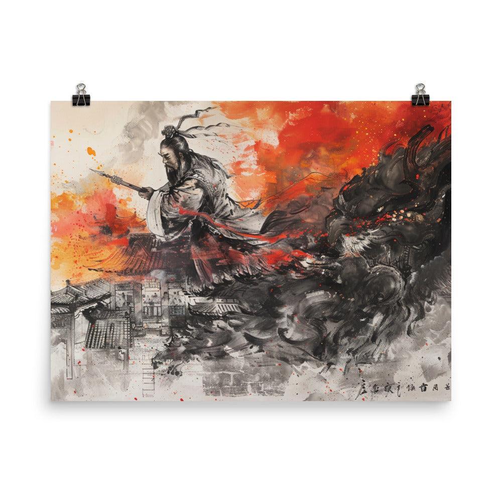 China Ancient Warrior and Dragon Battle Ink Painting Poster - Oh Posters