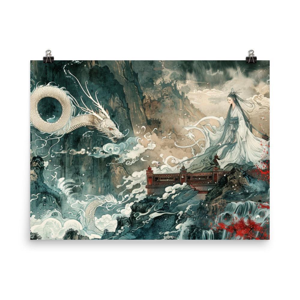 China Mystical Dragon and Goddess Waterfall Scene Poster - Oh Posters