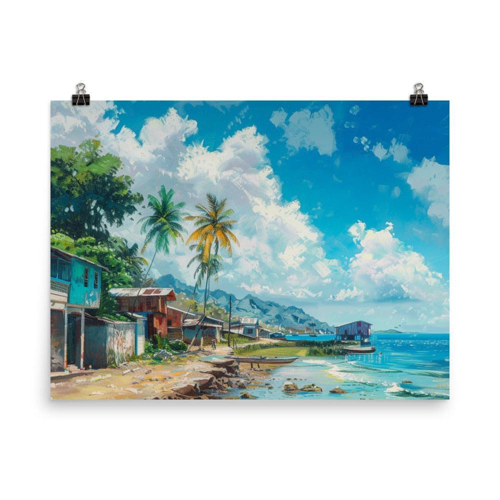 Comoros Seaside Village with Boats Scenic Artwork Poster - Oh Posters