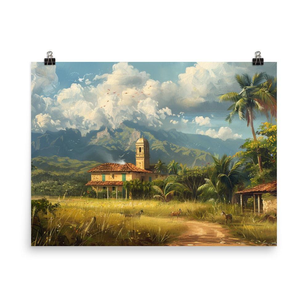 Cuba Rural Landscape with Church and Mountains Painting Poster - Oh Posters