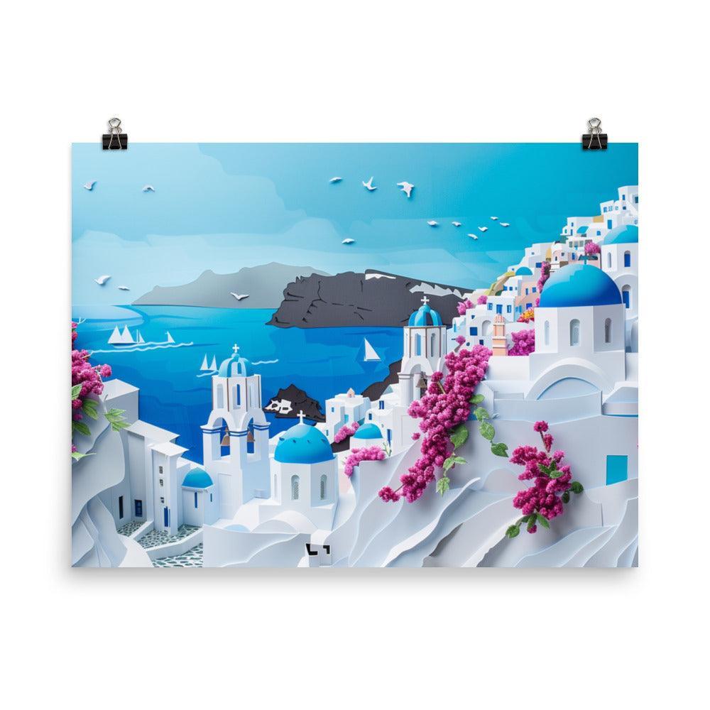 Greece Santorini Blooming Flowers Coastal Scene Poster - Oh Posters