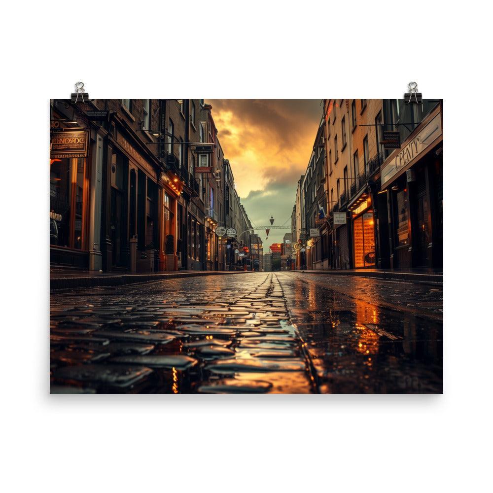 Ireland Rainy Cobblestone Street Evening Poster - Oh Posters