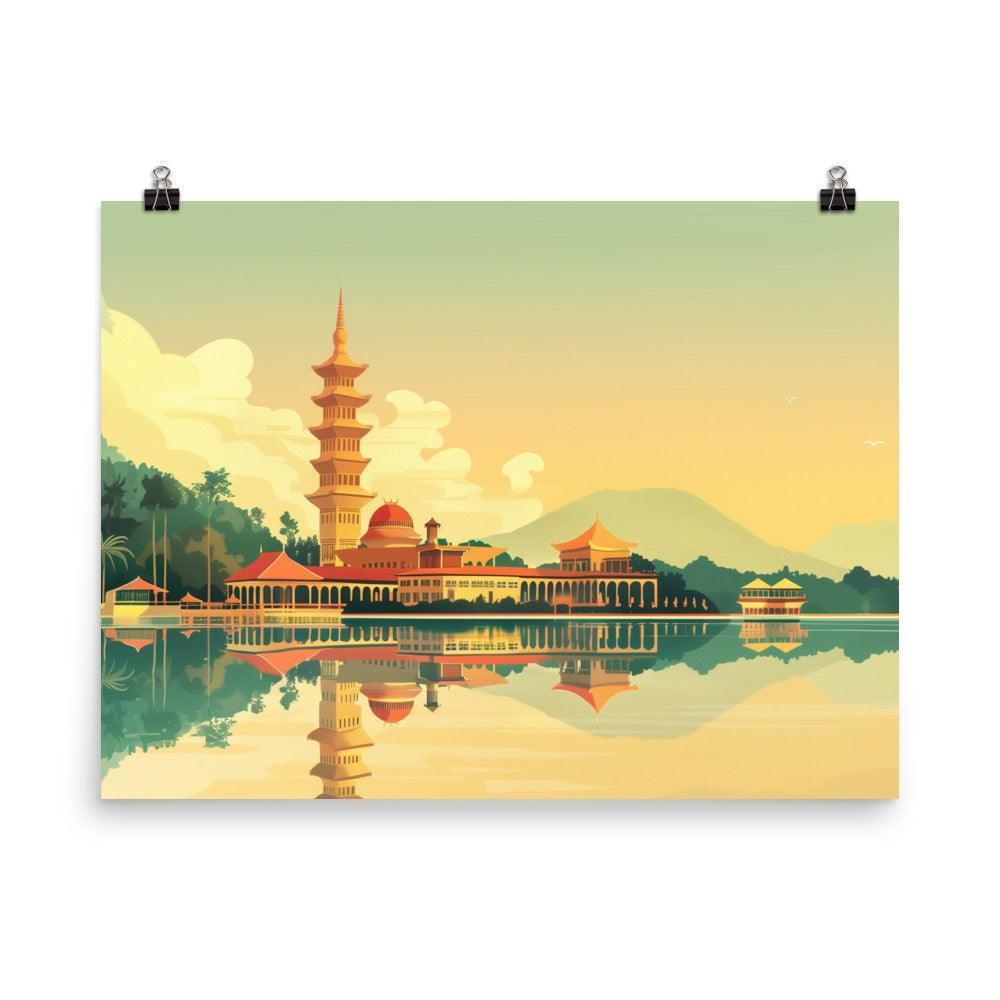 Malaysia Tranquil Pagoda Lakeside Reflection Poster - Oh Posters