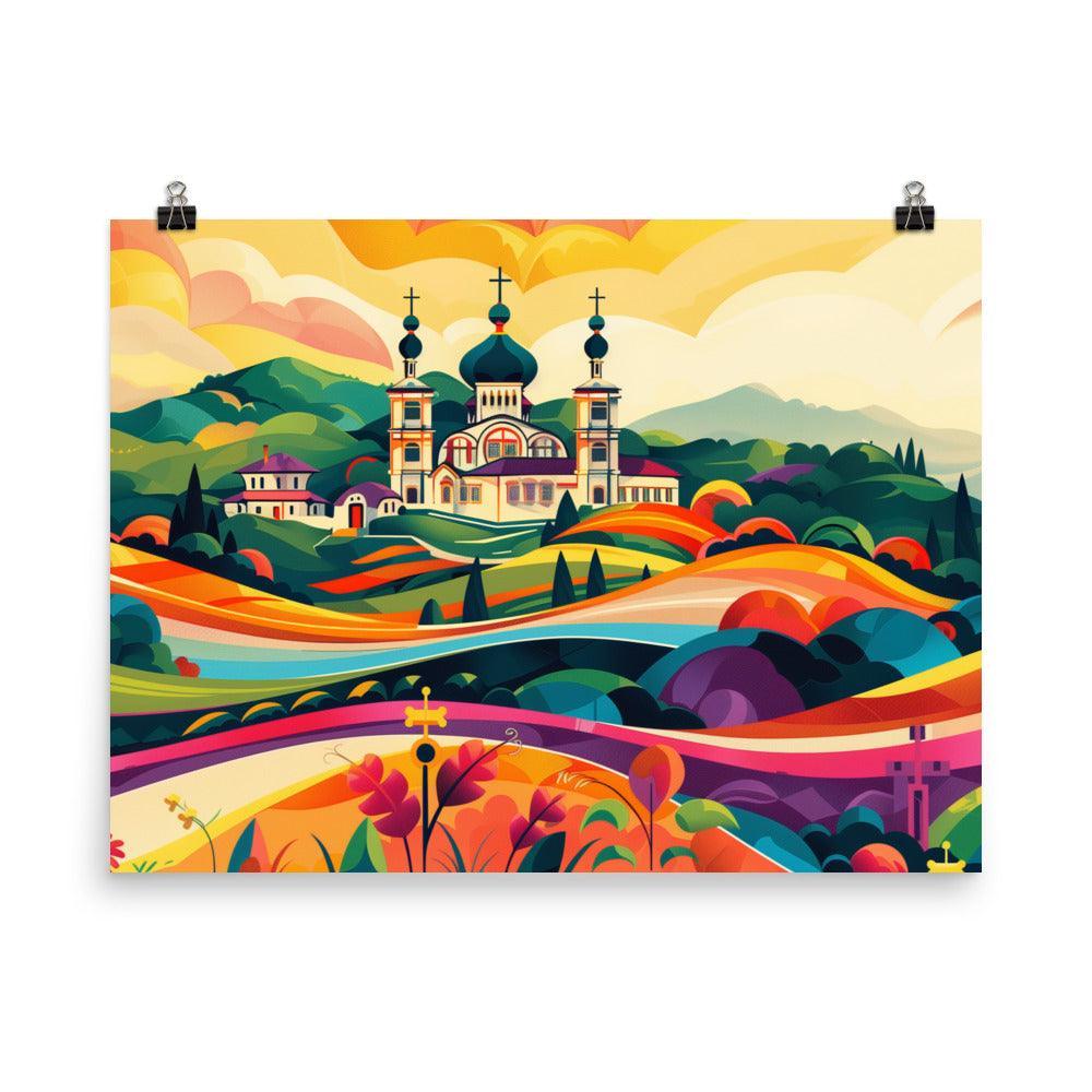 Moldova Colorful Rolling Hills with Orthodox Church Poster - Oh Posters