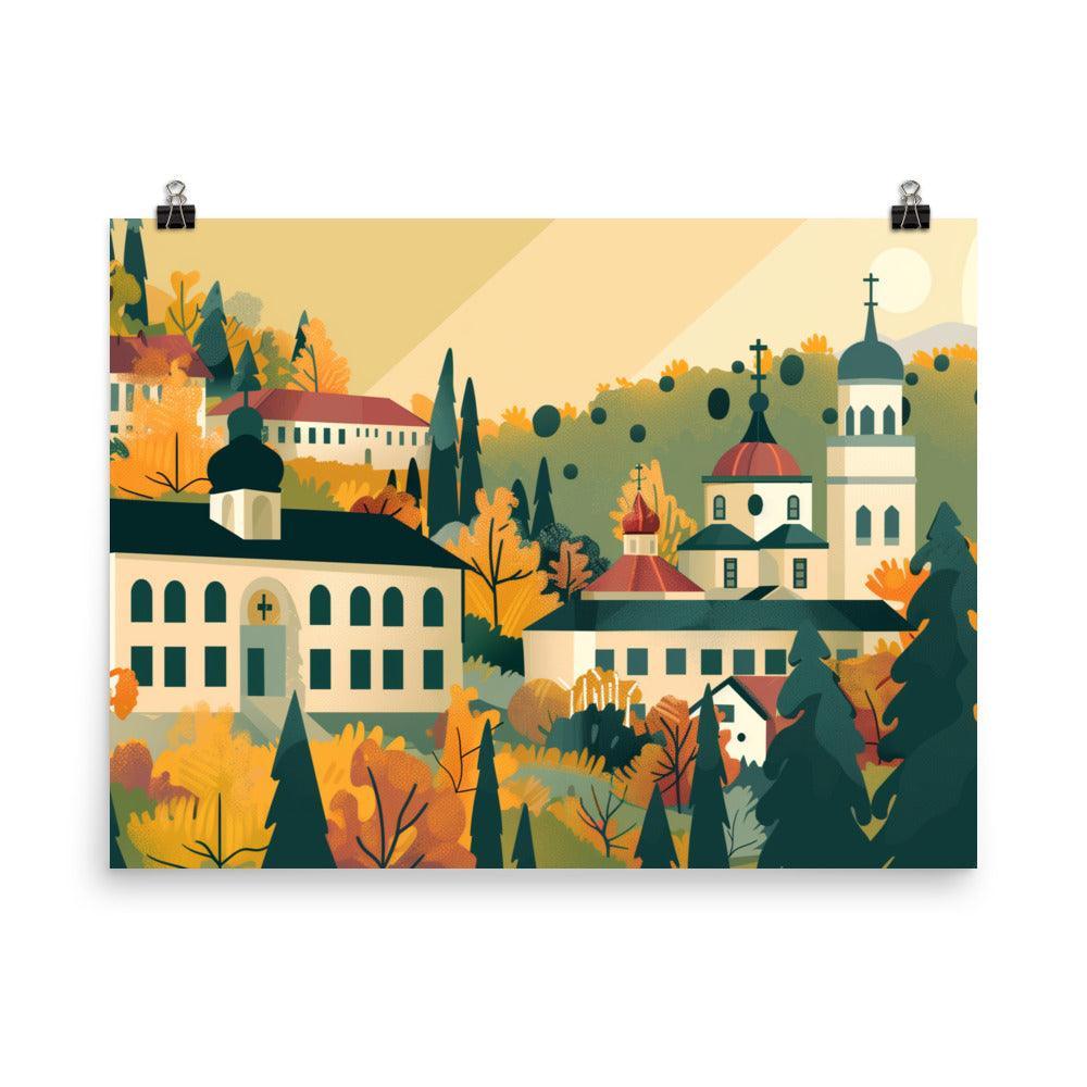 Moldova Serene Monastery in Lush Autumn Forest Poster - Oh Posters