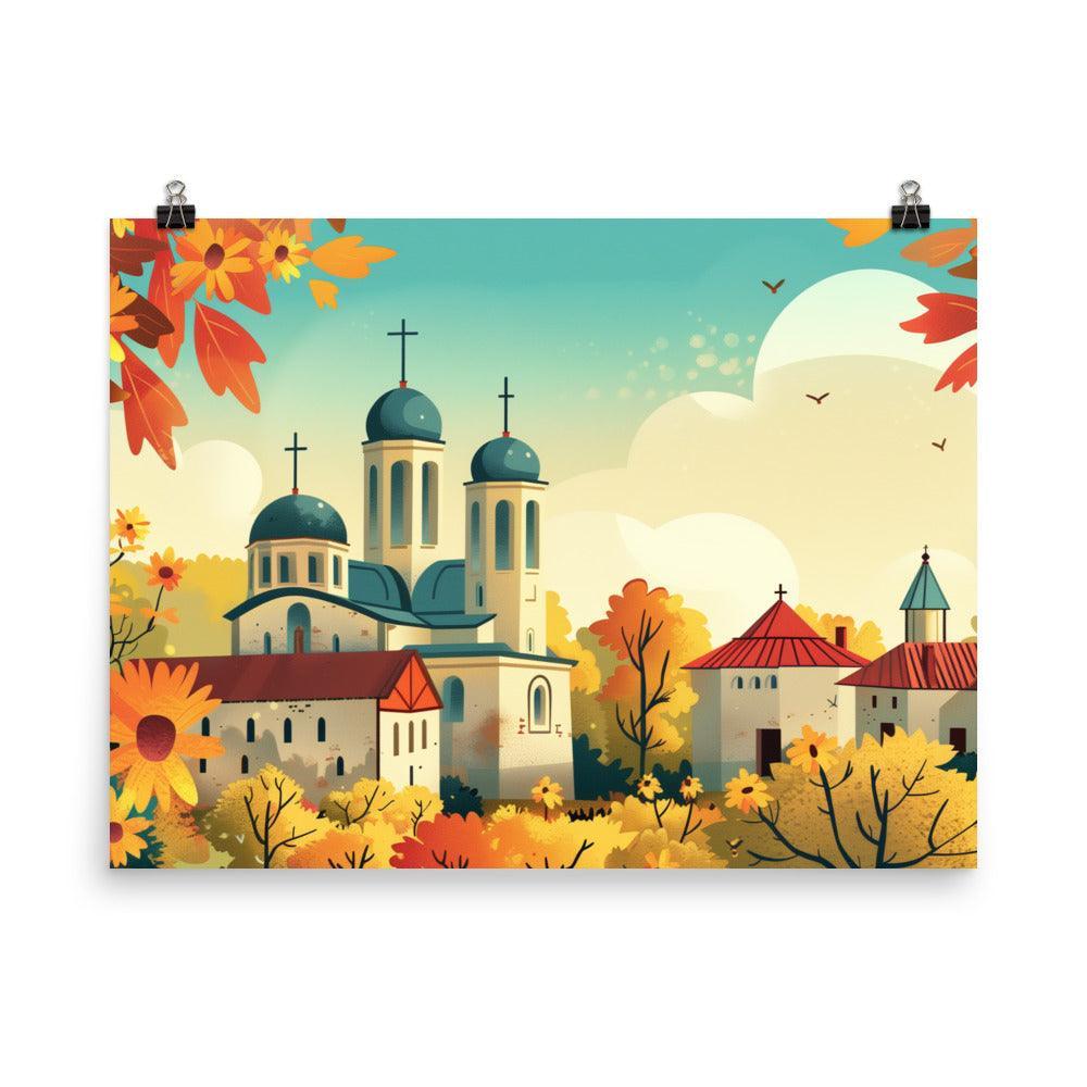 Moldova Tranquil Orthodox Church in Flowering Countryside Poster - Oh Posters