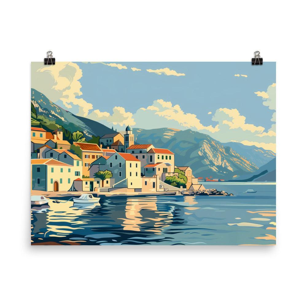 Montenegro Seaside Village Boats Mountain View Poster - Oh Posters