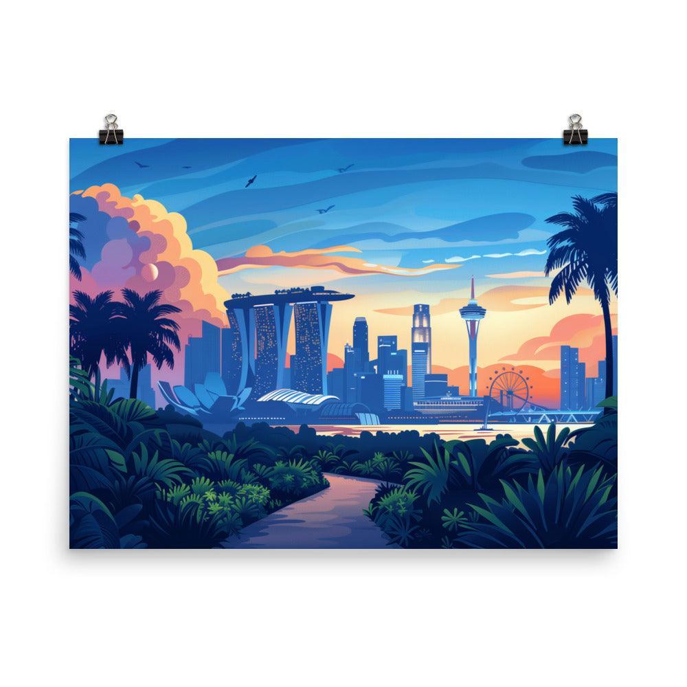 Singapore Iconic Cityscape Tropical Twilight Poster - Oh Posters
