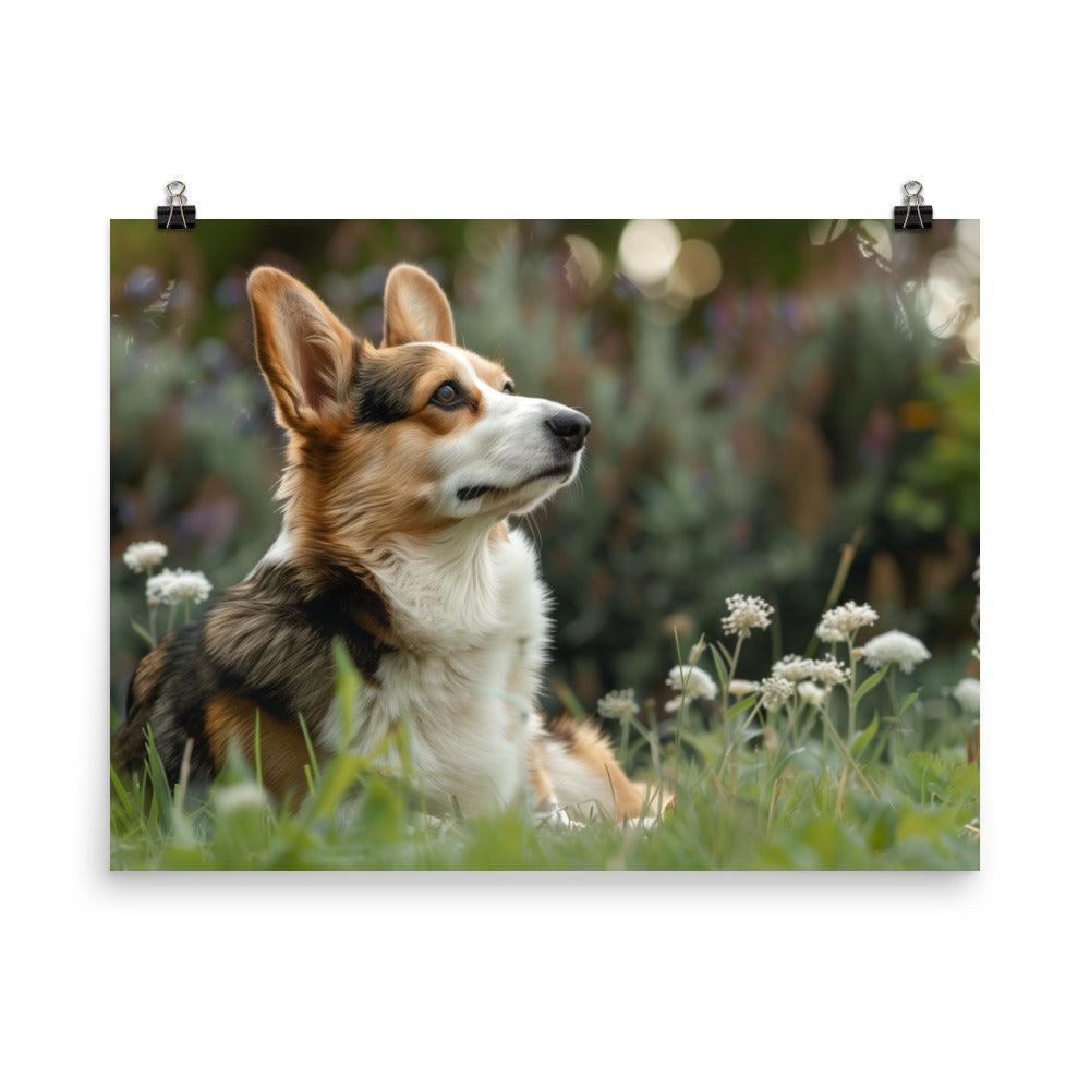 Cardigan Welsh Corgi in Flower Field Photograph Poster - Oh Posters