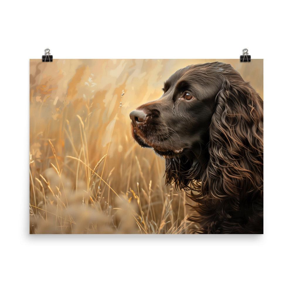 Field Spaniel in Golden Meadow Portrait Poster - Oh Posters