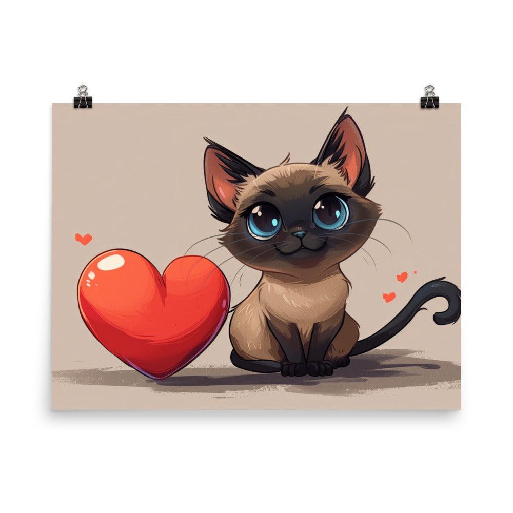 Cute Siamese Cat Cartoon Love Heart Illustration Poster - Oh Posters