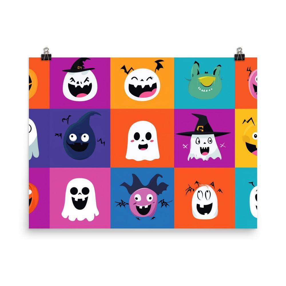 Halloween Cartoon Character Faces with Colorful Backgrounds Poster - Oh Posters