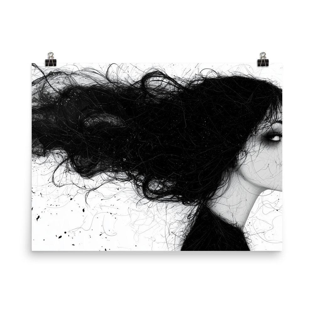 Female Silhouette with Dramatic Hair Flow Black and White Sketch Poster - Oh Posters