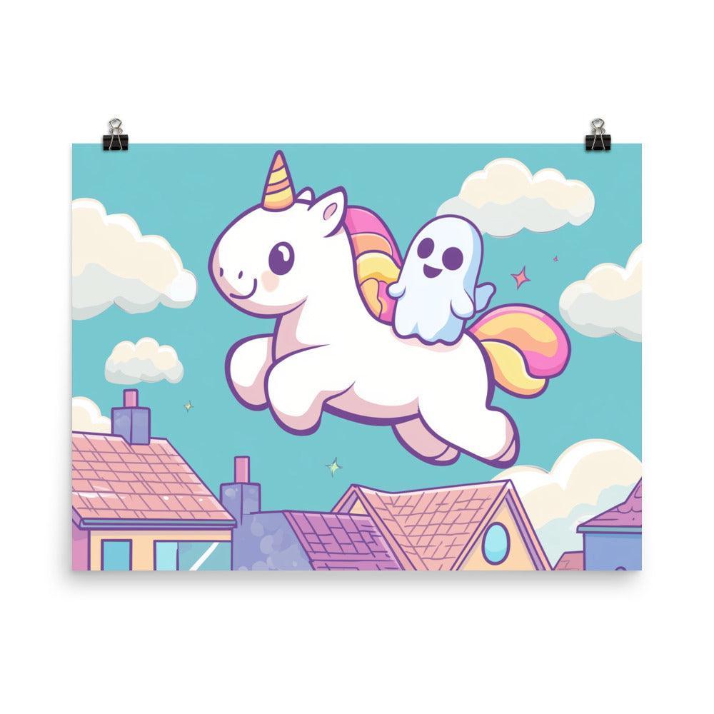 Kawaii Unicorn and Ghost Floating Above Colorful Town Digital Art Poster - Oh Posters