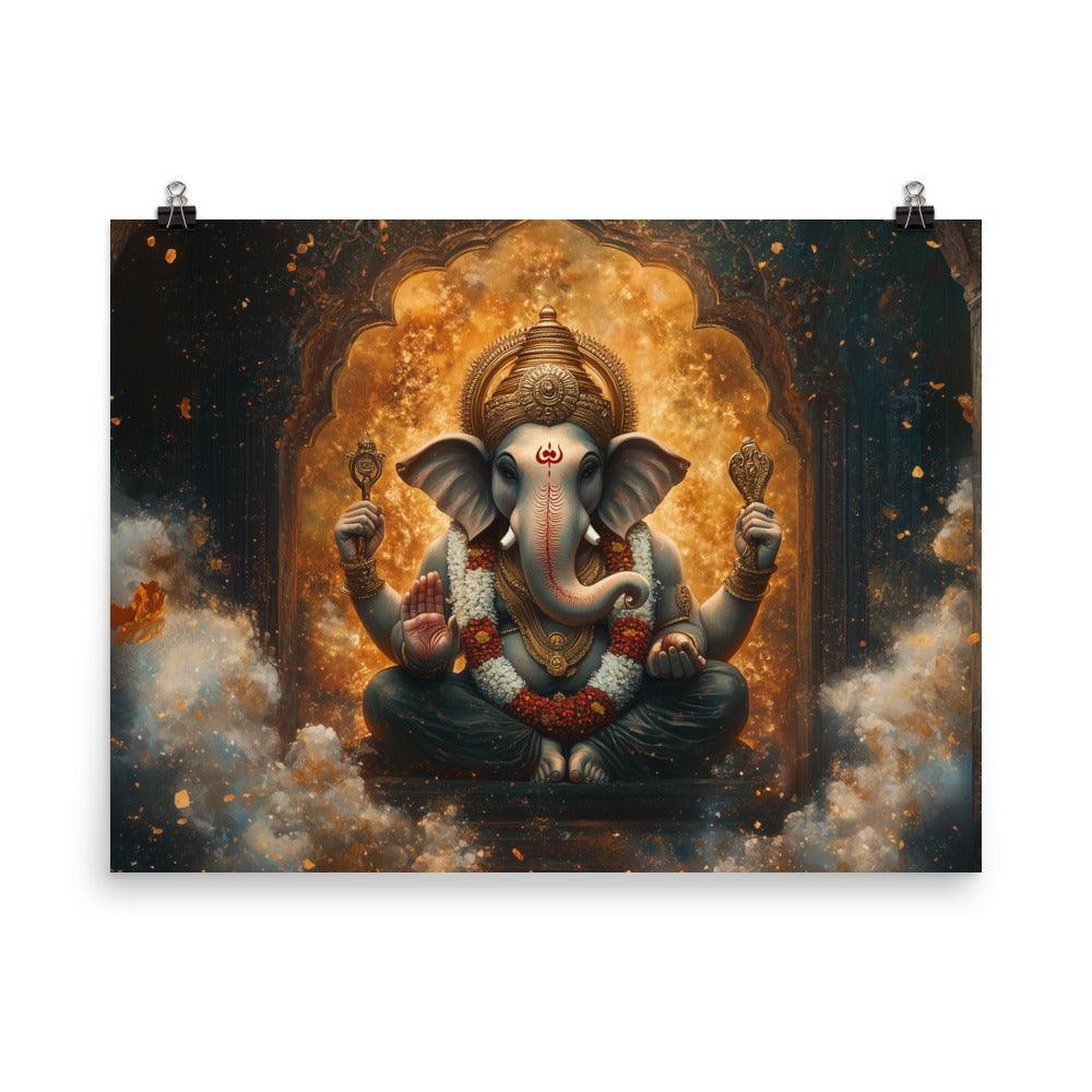 Ganesh in a Golden Temple with Flames Ethereal Artwork Poster - Oh Posters