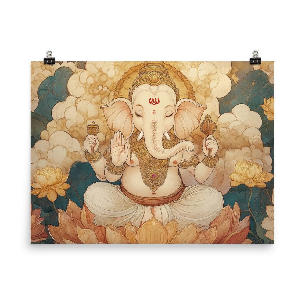 Ganesh Surrounded by Lotus Flowers Ethereal Watercolor Art Poster - Oh Posters