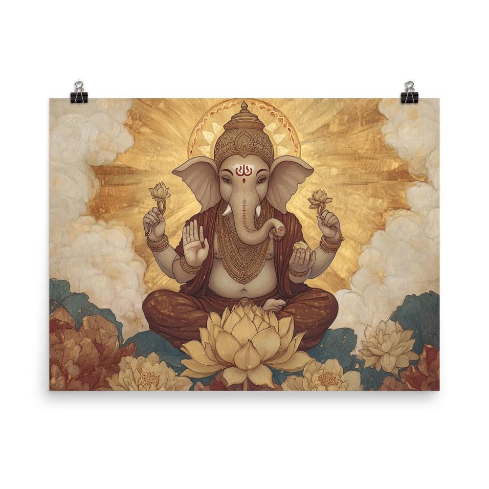 Golden Ganesh with Lotus Blossoms Peaceful Spiritual Artwork Poster - Oh Posters