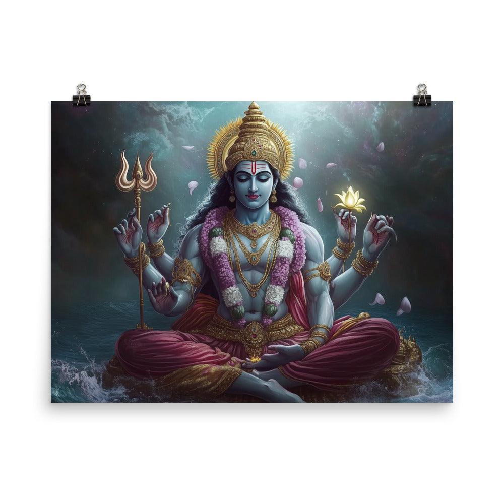 Meditative Vishnu with Trident and Lotus Divine Cosmic Illustration Poster - Oh Posters